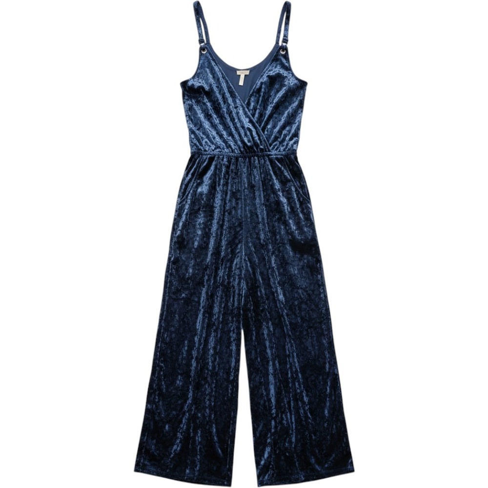 Wishlist Blue Gray Crushed Velvet Surplice Wide Leg Jumpsuit Pockets S Y2K